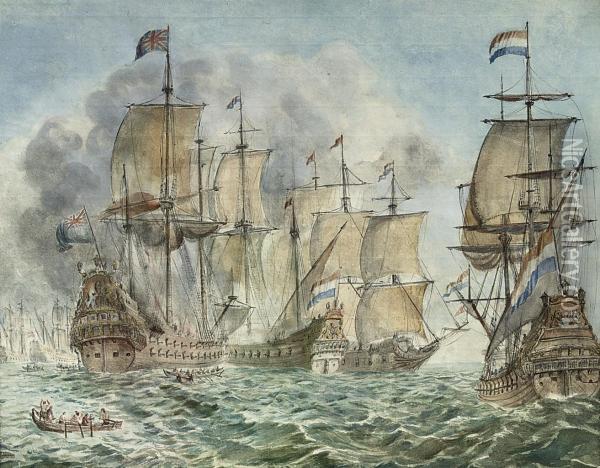 A British And Dutch Naval Battle Oil Painting - Martinus Schouman