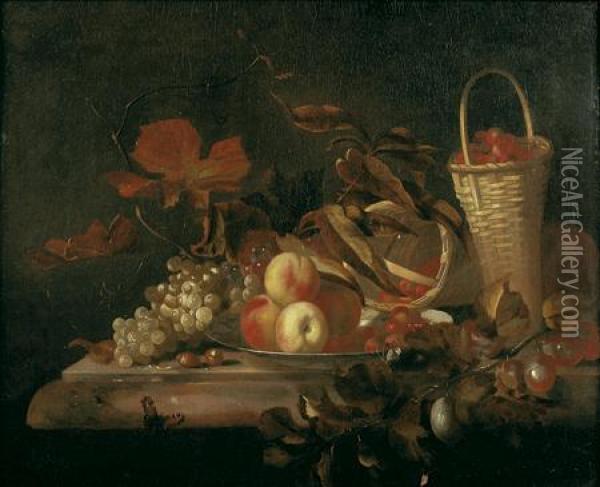 Nature Morte Aux Panier De Fraises, Plat De Peches Et Raisin Sur Unentablement De Marbre Oil Painting - Barend or Bernardus van der Meer