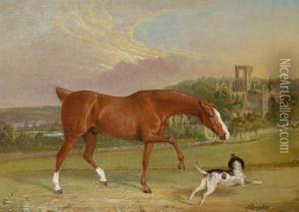 Horse And Dog Before Kirkstall Abbey Oil Painting - John Widdas