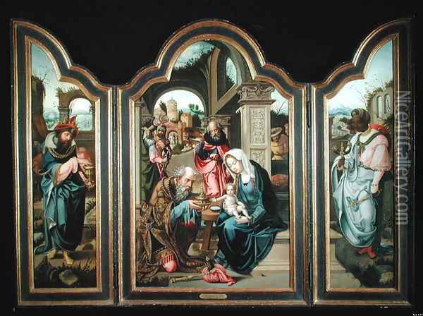 Triptych depicting the Adoration of the Magi, c.1600 Oil Painting - Follower of Pieter Coeck van Aelst
