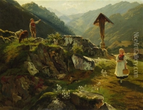 Hirtenjunge Und Bauermadchen In Den Alpen Oil Painting - Adolf Theodor Franck