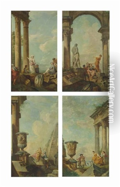 Four Capriccios Of Roman Ruins With Figures Conversing Oil Painting - Giovanni Paolo Panini