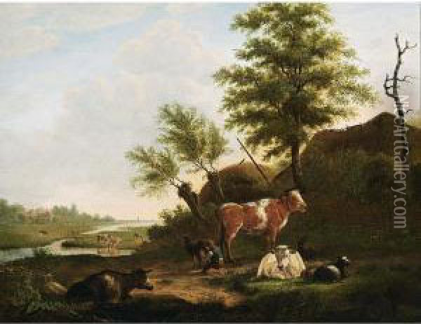 Cattle In An Extensive Landscape Oil Painting - Jacob Van Kouvenhoven