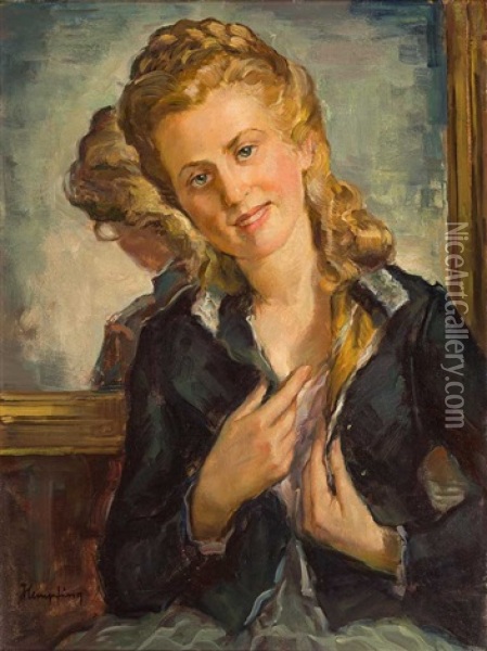 Portrait Einer Jungen Blonden Frau Vor Spiegel Oil Painting - Wilhelm Hempfing