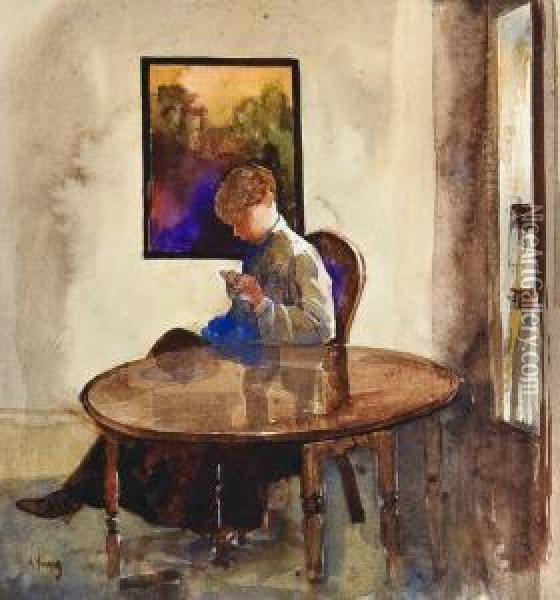 A Lady Sewing Oil Painting - August Young