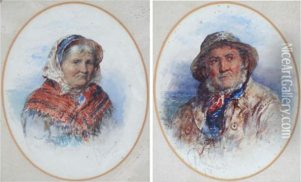 Portrait Of A Fisherman, And 
Another Of An Old Lady Wearing A Headscarf And Shawl, A Pair Oil Painting - James Drummond