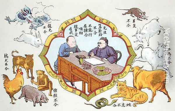 Fortune telling scene and signs of the Chinese zodiac, reproduced in 'Recherche sur les superstitions en Chine', 1911 Oil Painting - Anonymous Artist
