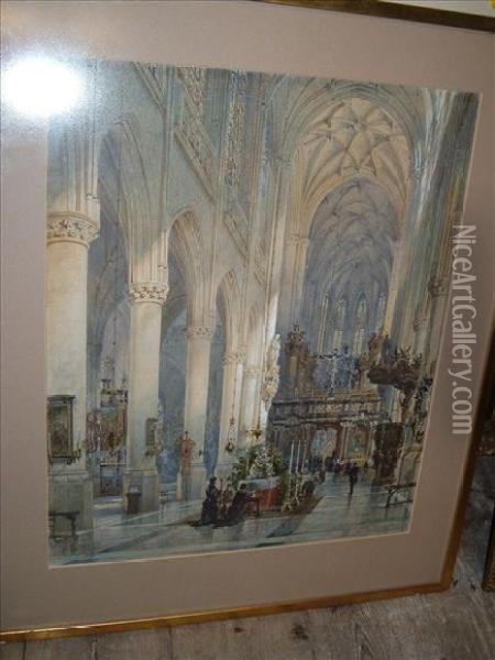 A Cathedralinterior Oil Painting - Henry William Brewer
