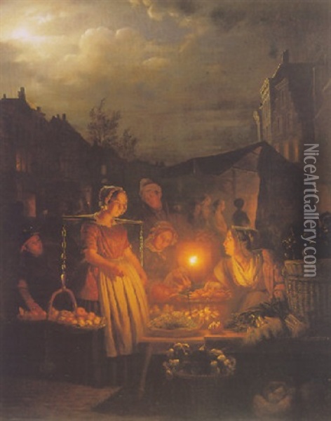 Vegetable Sellers By Candle-light Oil Painting - Petrus van Schendel