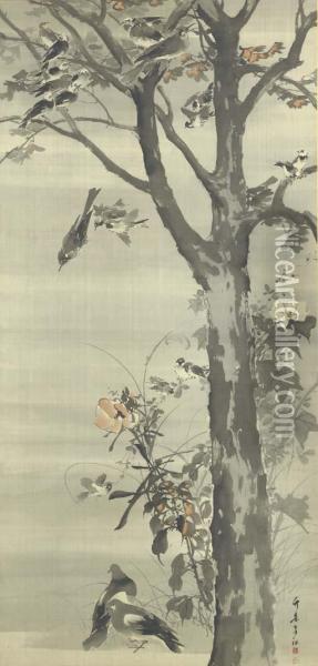 Sparrows, Pigeons And Other Birds And Hisbiscus Oil Painting - Kishi Chikudo
