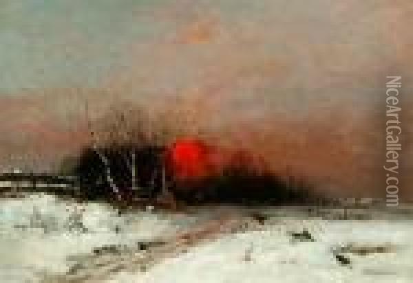 Sunset Over A Snowy Landscape Oil Painting - Anton Windmaier