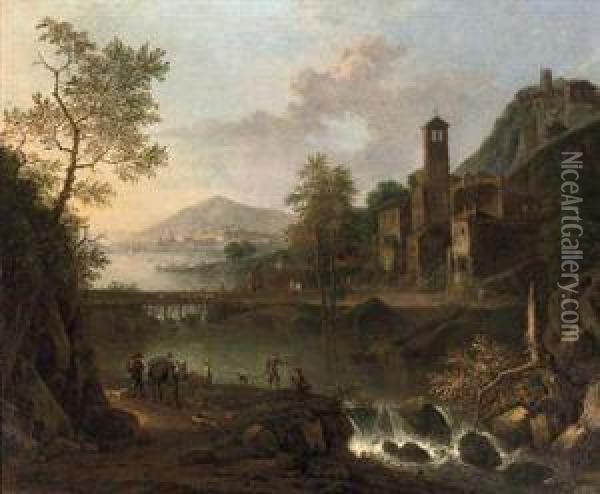 An Italianate River Landscape With A Muleteer And Anglers, A Hilltop Town Beyond Oil Painting - Jan Van Huijsum