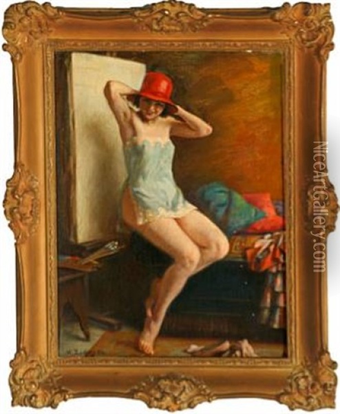 Young Model With A Red Hat Oil Painting - Walter Zuchors