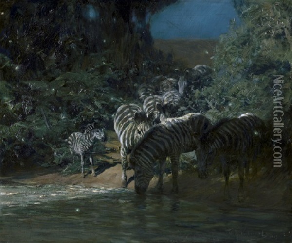 Tropennacht Am Fluss Oil Painting - Wilhelm Friedrich Kuhnert