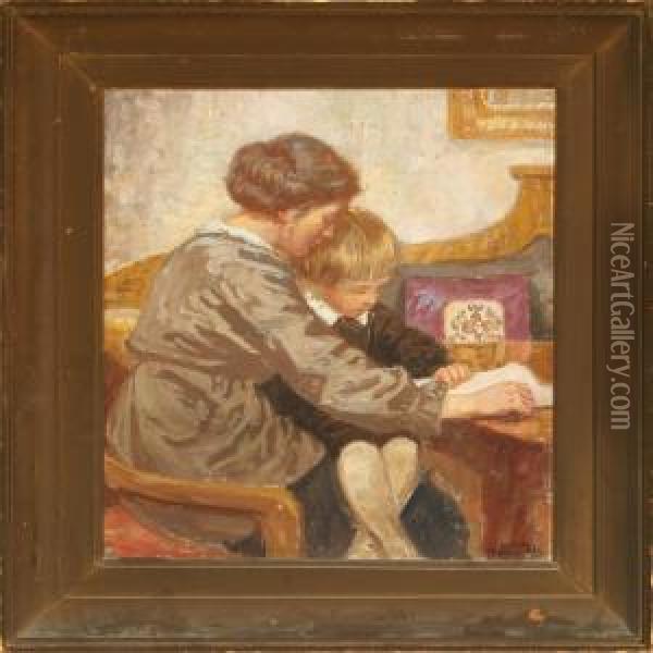 Interior With Mother And Child Oil Painting - Luplau Janssen