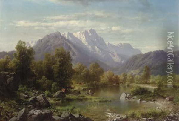 Mountain Landscape With Cattle Watering By A Lake Oil Painting - Karl Millner