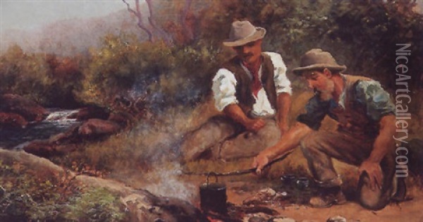 Boiling The Billy Oil Painting - Robert Camm
