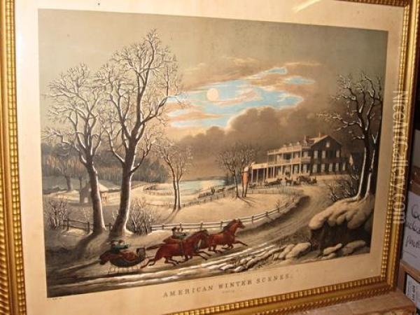North American Winter Scenes. Evening. Oil Painting - Edward Wilson Currier