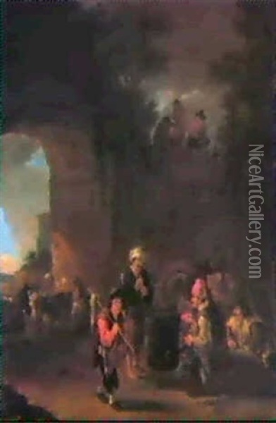 An Encampment Under A Stone Archway With Peasants Roasting  Chestnuts Before A Coal Stove Oil Painting - Jan Dirksz. Both