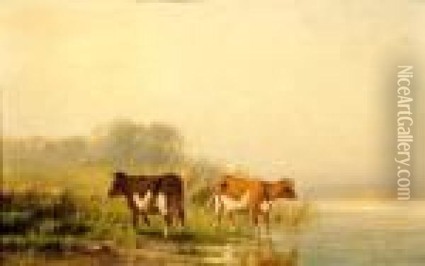 Two Cows Near The Water Oil Painting - Cornelis I Westerbeek