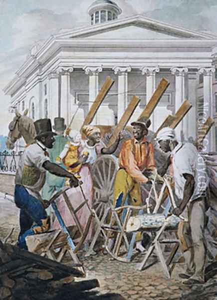 Black Sawyers Working in front of the Bank of Pennsylvania, Philadelphia Oil Painting - John Lewis Krimmel