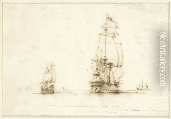 Marine attributed To Willem Van De Velde I Marine Pen And Brown Ink Oil Painting - Willem van de, the Elder Velde
