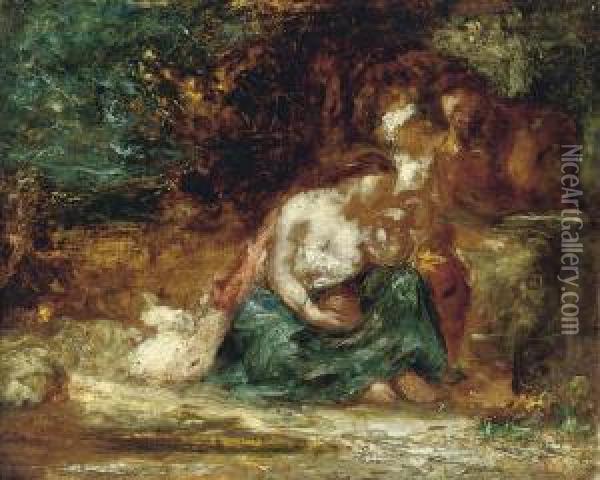 A Family Resting In A Landscape Oil Painting - Adolphe Joseph Th. Monticelli