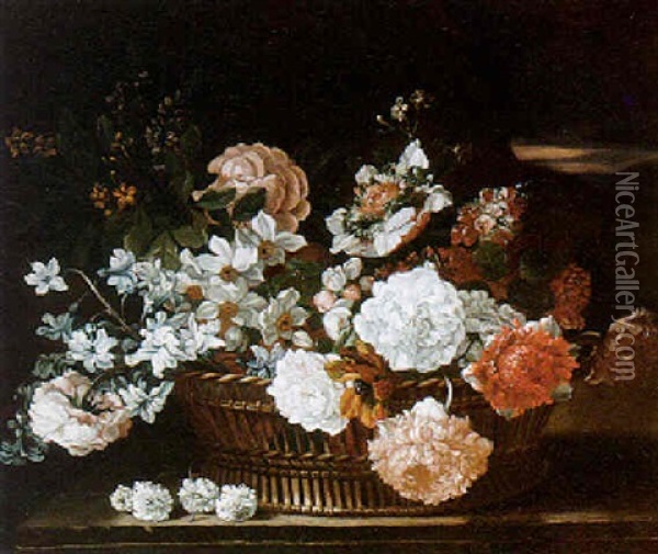 Still Life Of Various Flowers In A Basket Oil Painting - Jean-Baptiste Monnoyer