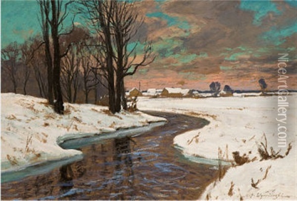 Winterabend Am Fluss Oil Painting - Michael Gorstkin-Wywiorski