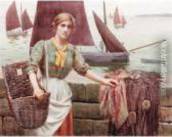 A Newlyn Fishergirl Oil Painting - Ralph Todd