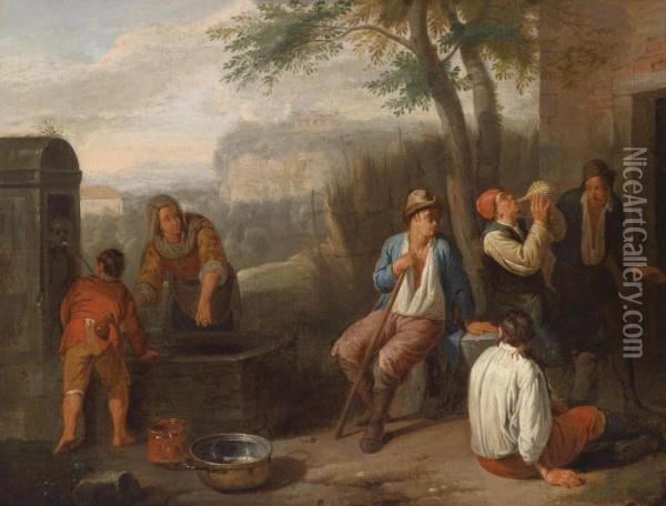 A Southern Landscape With Country People Drinking At A Well Oil Painting - Norbert van Bloemen