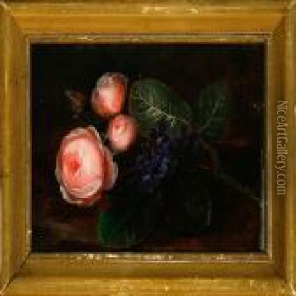 Bouquet Of Pink Roses Andheartseases On A Windowstill Oil Painting - I.L. Jensen