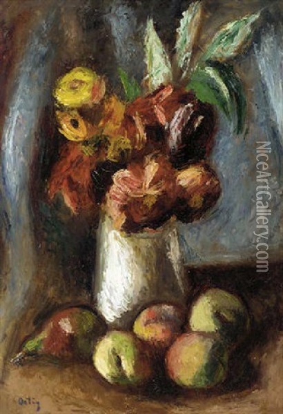 A Still Life With Flowers, Apples And Pears Oil Painting - Manuel Ortiz De Zarate