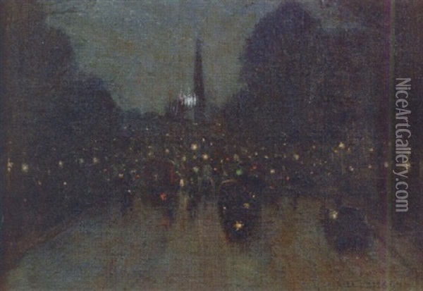 Paris Rue Royale, La Nuit, Effet De Lumiere Oil Painting - Marie Gabriel Biessy
