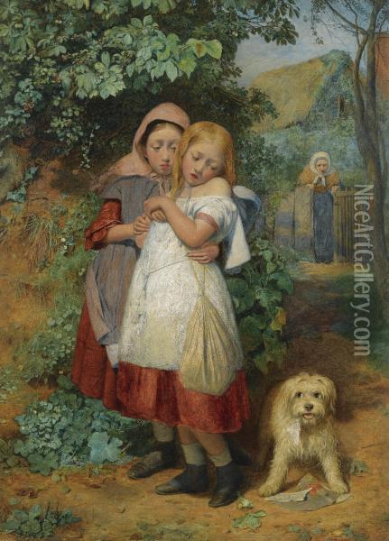 Girls, Frightened By A Dog Oil Painting - Edward Thompson Davis