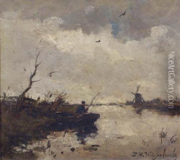 A Fisherman In A Polder Landscape Oil Painting - Jan Hendrik Weissenbruch