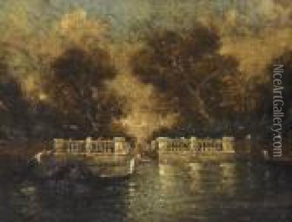 Venezianische Partie Mit Gondeln Oil Painting - Adolphe Joseph Th. Monticelli