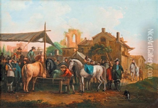 Cavaliers Nourrissant Leurs Chevaux Oil Painting - Jean Duplessis-Bertaux