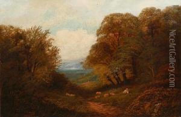 Shepherd And Dog Resting Beside A Grazing Sheep On A Country Lane Oil Painting - George B. Yarnold