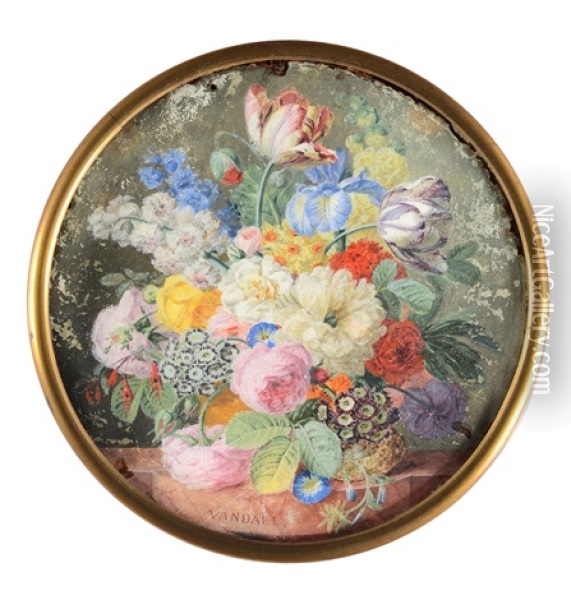 Bouquet De Fleurs Printanieres (roses, Tulipes, Iris, Primeveres, Narcisses, Delphinium Etc.) Oil Painting - Jean Francois Janinet