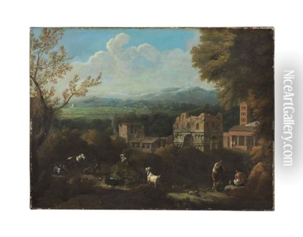 A Roman Landscape With The Arch Of Giano And San Giorgio Al Velabro With Figures And Animals Oil Painting - Jan Frans van Bloemen