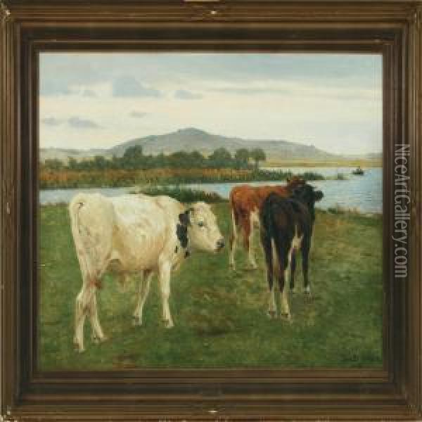 Landscape With Cows Oil Painting - Povl Steffensen