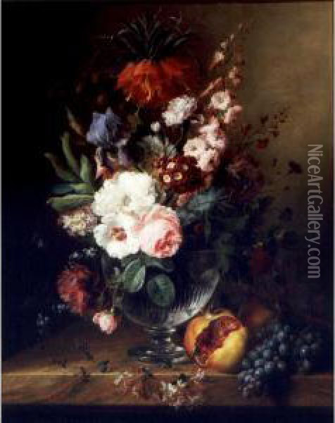 Still Life Of Flowers In A Glass Vase With Pomegranates And Grapes All On A Marble Ledge Oil Painting - Cornelis van Spaendonck