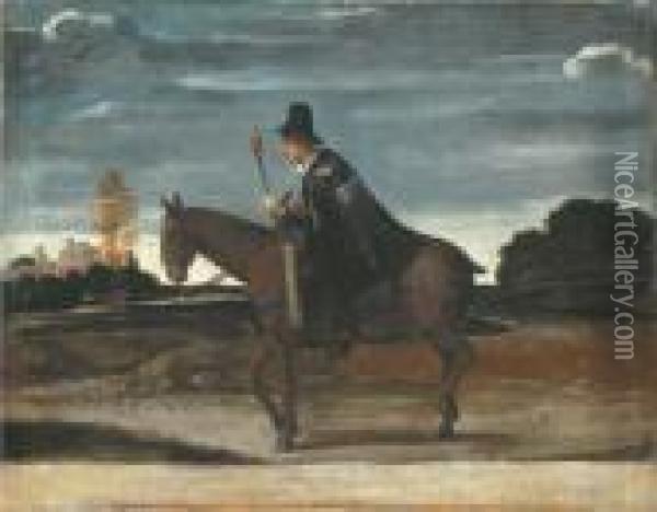 A Landscape With A Cloaked Figure Riding A Donkey Oil Painting - Annibale Carracci