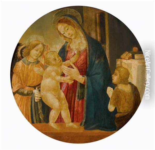 Tondo Mit Maria, Dem Christusknaben Und Johannes Dem Taufer In Belgeitung Von Einem Engel Oil Painting - Jacopo Del Sellaio