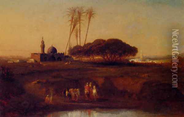 Arabs At An Oasis At Dusk Oil Painting - Narcisse Berchere