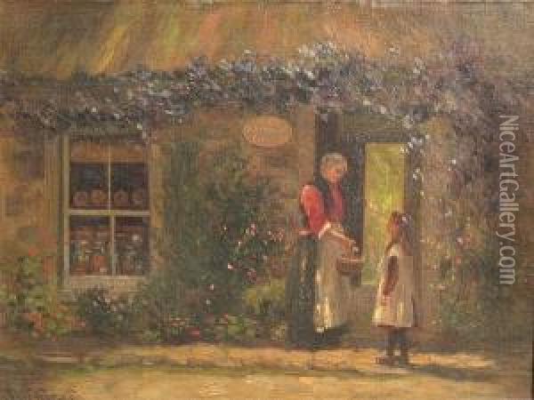A Visitor On The Cottage Steps Oil Painting - John Watson