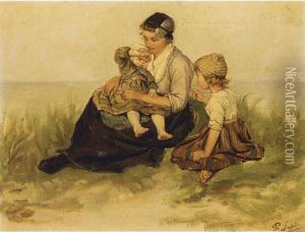 A Mother And Her Children In The Dunes Oil Painting - Philippe Lodowyck Jacob Sadee