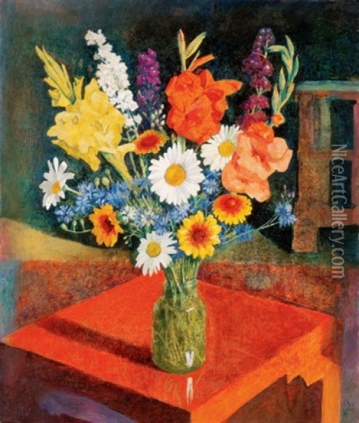 Viragcsendelet Piros Asztalon (still Life Of Flowers On A Red Table) Oil Painting - Endre Hegedues