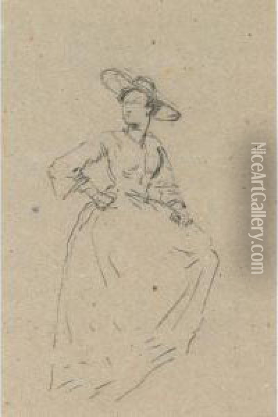 A Lady In A Wide Brimmed Hat (two Views, A Double-sideddrawing) Oil Painting - Eugene Isabey